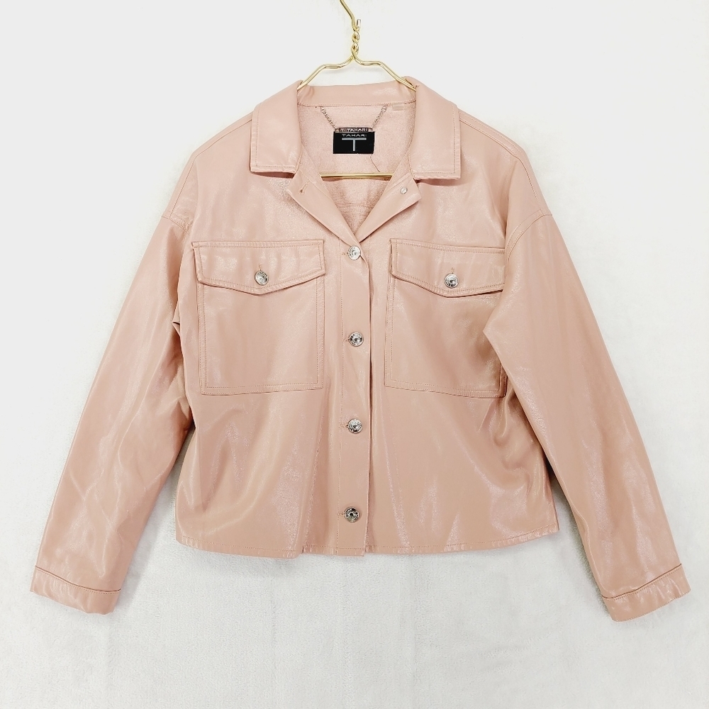 Tahari Pink Faux Leather Button Front Moto Casual Jacket P1315